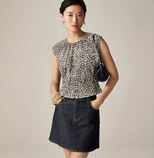 J.Crew Hyacinth Top M Tan Black Leopard Cotton Poplin Smocked Waist Sleeveless